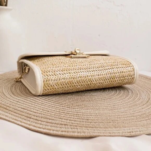2/$30 Woven Small Crossbody Straw Bag Beige & Black Purse Clutch Gold Chain - Picture 6 of 9